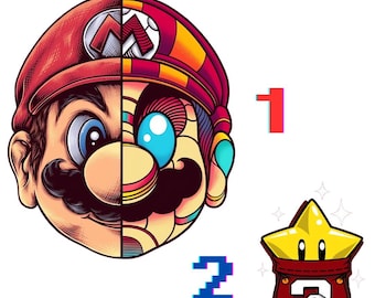 Retro Mario PNG Bundle | Split Face & Power Star Designs (Digital Download)