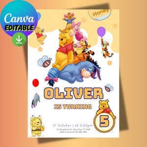 Invito di compleanno Winnie the Pooh / Modello modificabile per la festa dell'orso Pooh / Download immediato / Bambino Bambina 1° 2° 3° 4° 5°