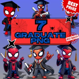 Spiderman Graduation PNG Bundle | 7 Graduate Spider Hero Clipart | Class of 2025 Digital Download | Superhero Party Decor | Spiderman PNG