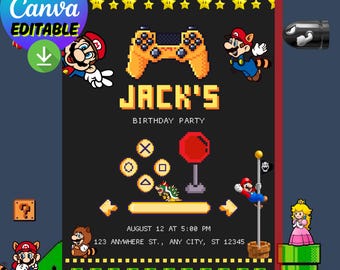 Mario Videospiel Geburtstagseinladung | Gamer Party bearbeitbare Vorlage | Sofort Download PDF