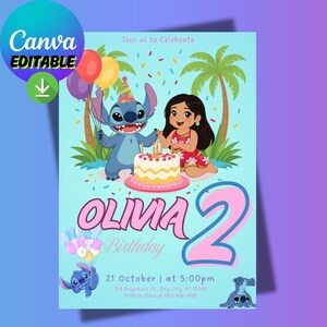 Editable Lilo and Stitch Birthday Invitation & Thank You Card | Hawaiian Theme Girl Birthday Template | Canva Editable Invite for Kids Party