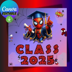 Tarjeta de graduación editable de Spiderman / Plantilla de la generación de 2025 / Invitación de graduación de superhéroe / Tarjeta editable de Canva / Spiderman de descarga instantánea