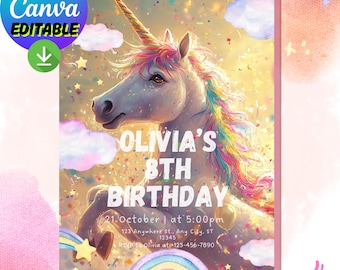 Unicorn Birthday | Editable Unicorn Birthday Invitation | Rainbow Cloud Girl Party | Magical Canva Template | Instant Download Printable
