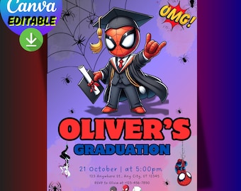 Spiderman Graduation Invitation | Editable Superhero Canva Template | Boy Graduation Party Invite | Instant Download Digital Card