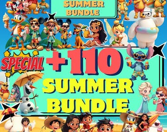 Paquete de imágenes prediseñadas PNG de Disney para el verano / Mickey, Moana, Stitch (Descarga digital)