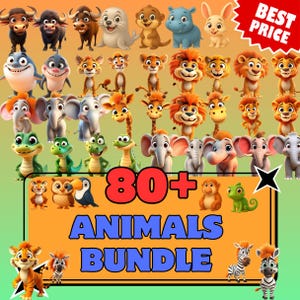 80+ Cute Animal PNG Bundle | Safari Zoo Jungle Clipart | Baby Lion Tiger Elephant Giraffe Cartoon Animals | Instant Download | Stickers PNG