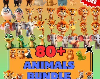 80+ Cute Animal PNG Bundle | Safari Zoo Jungle Clipart | Baby Lion Tiger Elephant Giraffe Cartoon Animals | Instant Download | Stickers PNG