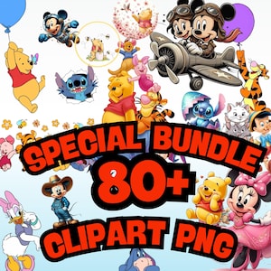 Clipart PNG Bundle – 80+ süße Micky Maus, Winnie, Stitch, Minnie | Sublimation, Aufkleber, Scrapbook