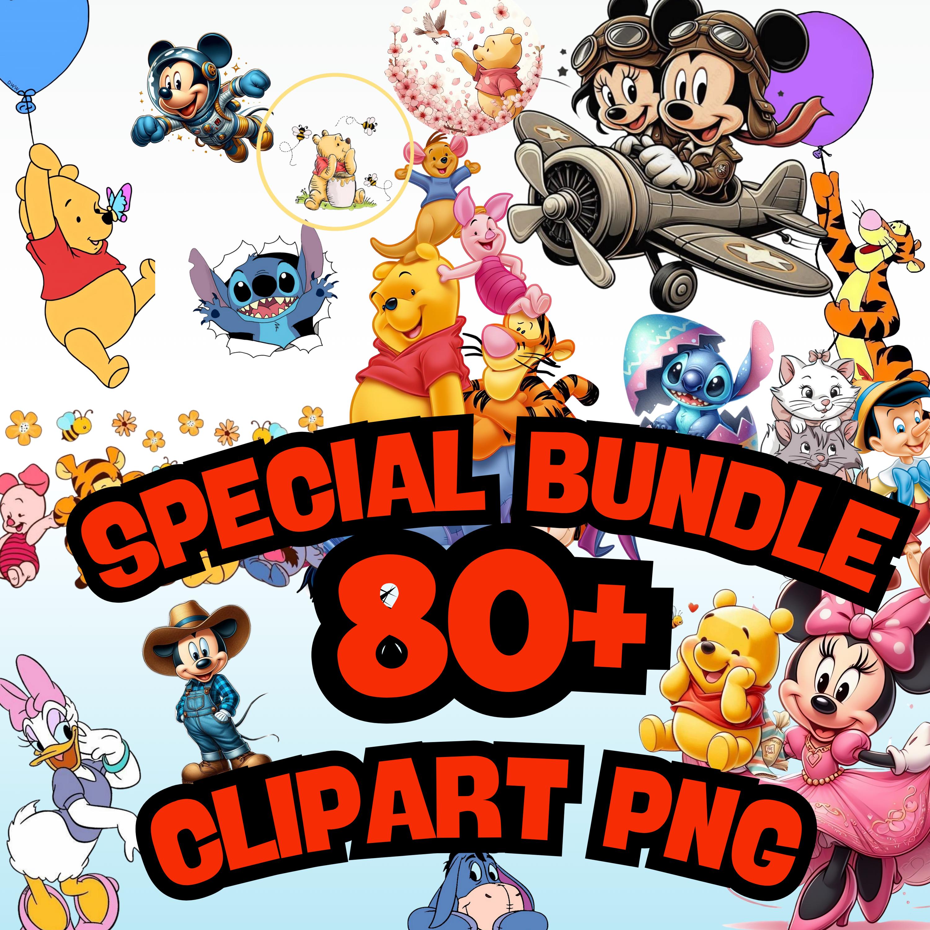 Pacote de Clipart PNG – Mais de 80 Mickey Mouse, Ursinho, Stitch, Minnie fofos | Sublimação, Adesivos, Scrapbook