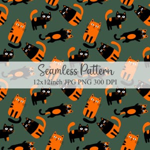 May include: Seamless pattern featuring cartoon cats in orange and black on a dark green background. The cats are in various poses, with the text "Seamless Pattern" and image details in the center. The pattern is 12x12 inches.