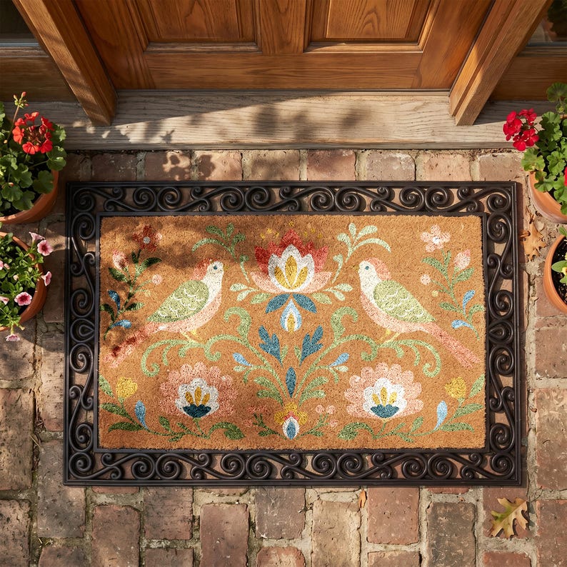 Spring Coir Mat Insert Interchangeable Floral Bird Doormat Set, Rubber Frame, Coir Insert (24 ...