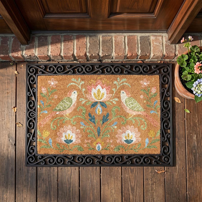 Spring Coir Mat Insert Interchangeable Floral Bird Doormat Set, Rubber Frame, Coir Insert (24 ...