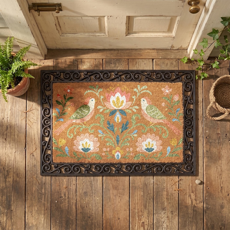 Spring Coir Mat Insert Interchangeable Floral Bird Doormat Set, Rubber Frame, Coir Insert (24 ...