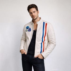May include: Cream leather jacket with a stand-up collar and a vertical red and blue stripe. The jacket has patches on the left chest and a zip. The model is wearing a black vest and dark blue jeans. The jacket is approximately 60 cm in length.