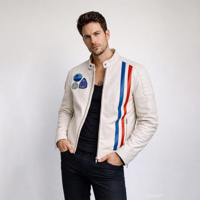 May include: Cream leather jacket with a stand-up collar and a vertical red and blue stripe. The jacket has patches on the left chest and a zip. The model is wearing a black vest and dark blue jeans. The jacket is approximately 60 cm in length.