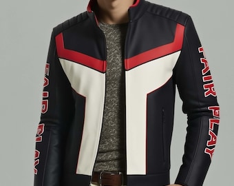 May include: Black leather jacket with red and white accents. The jacket features a stand-up collar, quilted shoulder details, and the words "FAIR PLAY" printed in red on the sleeves.