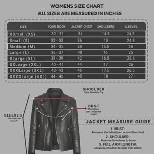 May include: A black leather jacket with a zipper closure is displayed below a women's size chart. The chart lists sizes from XS to 4XL, with measurements in inches for the body, jacket chest, shoulders, and sleeves. The chart also includes a jacket measure guide.
