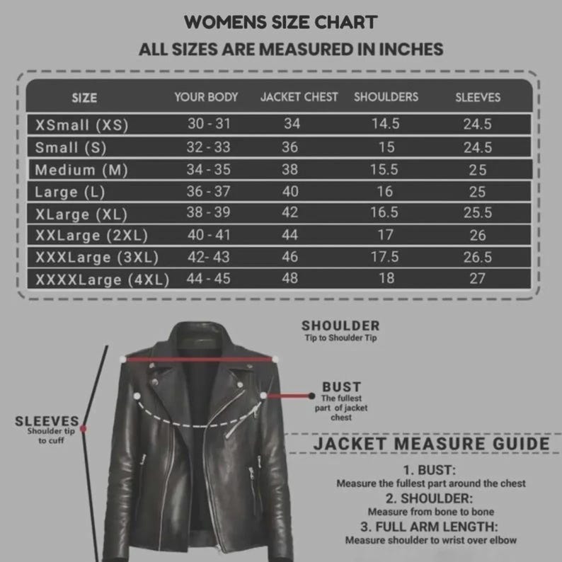 May include: A black leather jacket with a zipper closure is displayed below a women's size chart. The chart lists sizes from XS to 4XL, with measurements in inches for the body, jacket chest, shoulders, and sleeves. The chart also includes a jacket measure guide.