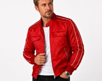 Jaqueta de cetim vermelha de Ryan Gosling em Fall Guy, cosplay de Halloween