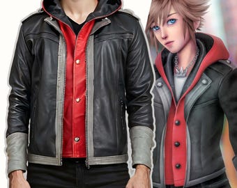 Chaqueta de cuero con capucha inspirada en Sora de KH4 – Ropa de cosplay de Kingdom Hearts