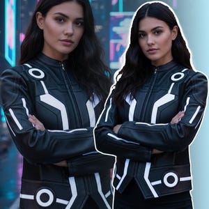 Könnte beinhalten: Schwarze Lederjacke mit weißen geometrischen Akzenten. Die Jacke hat einen hohen Kragen, einen Frontreißverschluss und kreisförmige und lineare weiße Designs. Die Jacke wird von einer Person mit langen dunklen Haaren getragen.