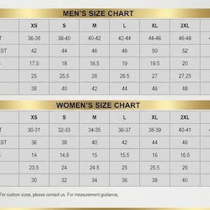 May include: A size chart table with gold headers labeled MEN'S SIZE CHART and WOMEN'S SIZE CHART, displaying measurements in inches for body chest, jacket chest, shoulders, sleeves, and waist across sizes XS to 3XL, with text at the bottom.