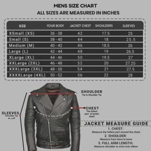 Puede incluir: Tabla de tallas de chaquetas para hombre, con medidas en pulgadas. La tabla incluye tallas de XS a 4XL, detallando medidas de cuerpo, pecho, hombros y mangas. Una chaqueta de cuero negra se muestra debajo, con una gu&iacute;a de medidas.