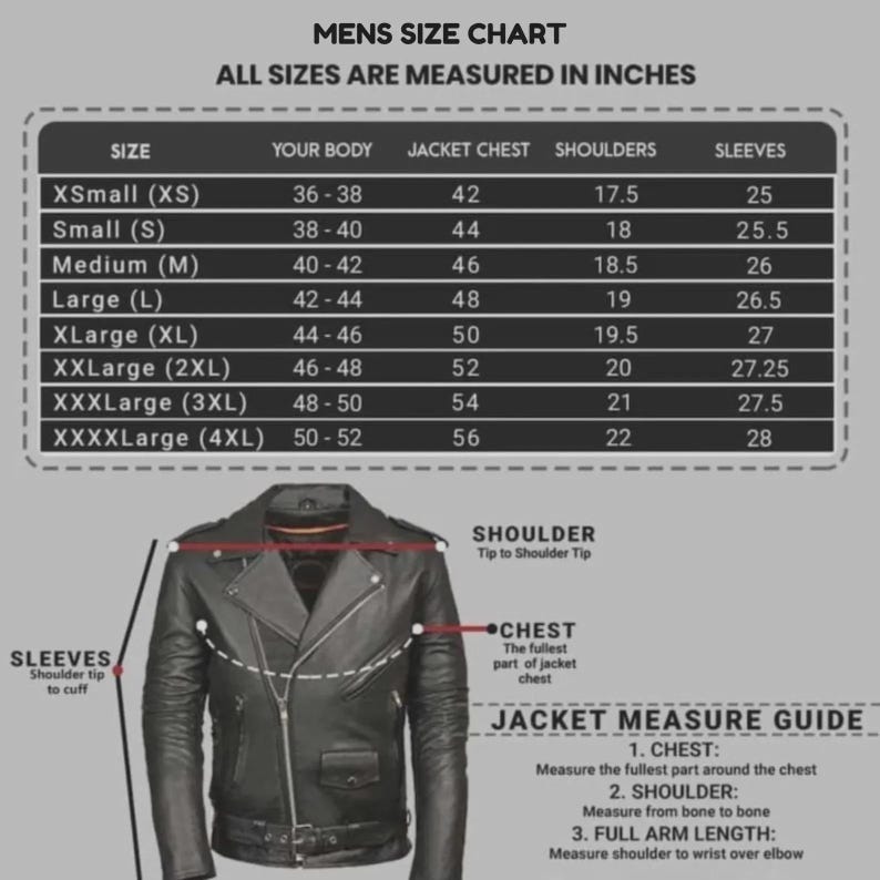 Puede incluir: Tabla de tallas de chaquetas para hombre, con medidas en pulgadas. La tabla incluye tallas de XS a 4XL, detallando medidas de cuerpo, pecho, hombros y mangas. Una chaqueta de cuero negra se muestra debajo, con una gu&iacute;a de medidas.