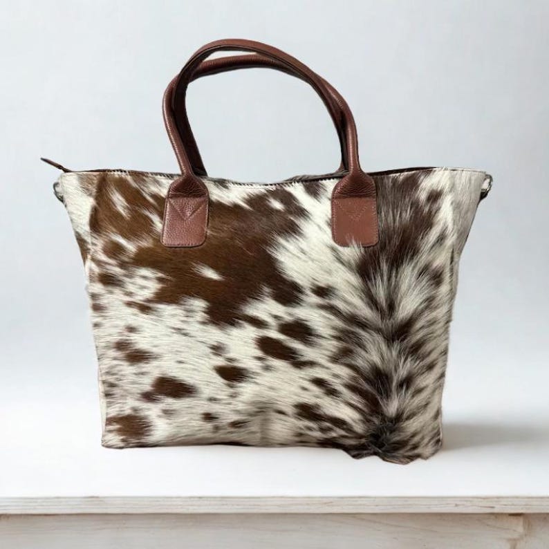 Borsa tote in pelle bovina, borsa a tracolla western in vera pelle con pelo, borsa boho fatta a mano per lei immagine 9