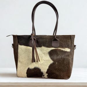 Cowhide Tote Bag Handmade – Real Hair-On Cowhide Purse, Brown & White Leather Shoulder Bag, Western Style Cowhide Handbag Gift