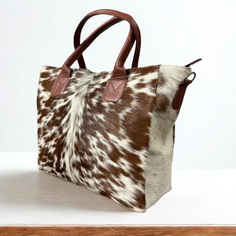 Borsa tote in pelle bovina, borsa a tracolla western in vera pelle con pelo, borsa boho fatta a mano per lei immagine 8