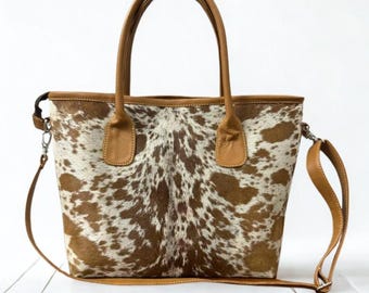Handmade Real Cowhide Tote Bag: Western Style Leather Shoulder Purse