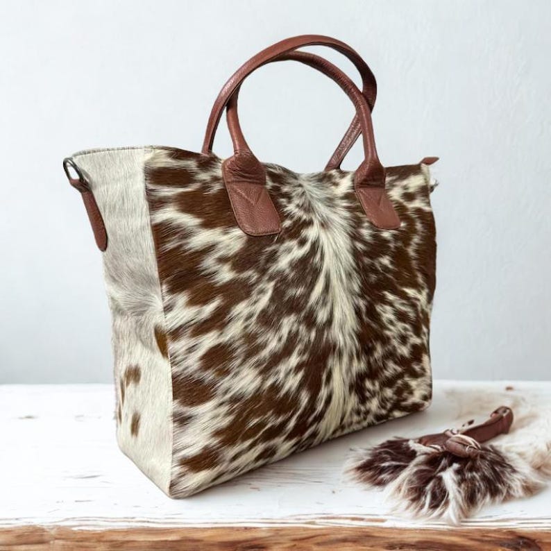 Borsa tote in pelle bovina, borsa a tracolla western in vera pelle con pelo, borsa boho fatta a mano per lei immagine 7