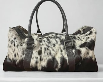 Handmade Hair-On Cowhide Duffle Bag: Leather Weekender Travel Bag