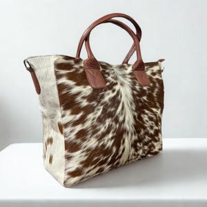 Borsa tote in pelle bovina, borsa a tracolla western in vera pelle con pelo, borsa boho fatta a mano per lei immagine 4