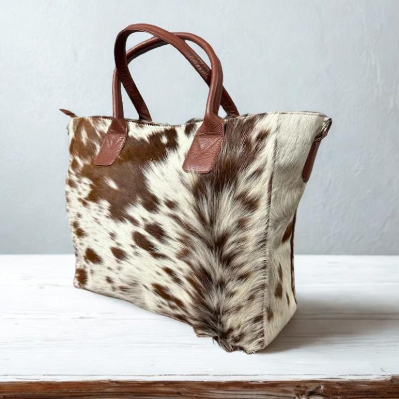 Borsa tote in pelle bovina, borsa a tracolla western in vera pelle con pelo, borsa boho fatta a mano per lei immagine 6