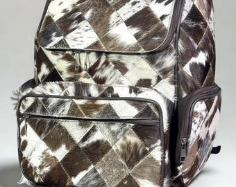 Handmade Hair-On Cowhide Backpack – Natural Patchwork Leather Travel Backpack