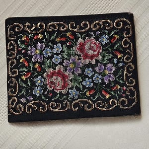 Vintage Petit Point Floral Embroidered Black Ladies Wallet W Germany