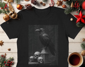 Raven and Skulls T-Shirt | Gothic Crow Artwork, Dark Victorian Macabre
