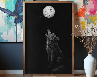 Howling Wolf Print, Black & White Moon Art (Digital Download)