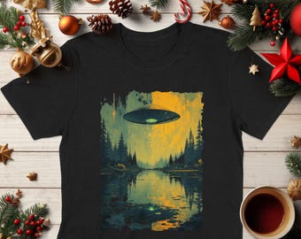 UFO, Alien Spaceship T-Shirt, Forest Sci-Fi Tee, Alternative Clothing.