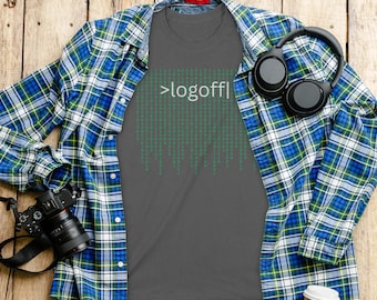 logoff|T-Shirt, hacker code matrix design, computer programming tee