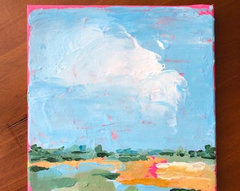 Landscape painting on canvas, 20x20 cm (7.8x7.8 inches). Original handmade painting. Abstract landscape. Wall art.