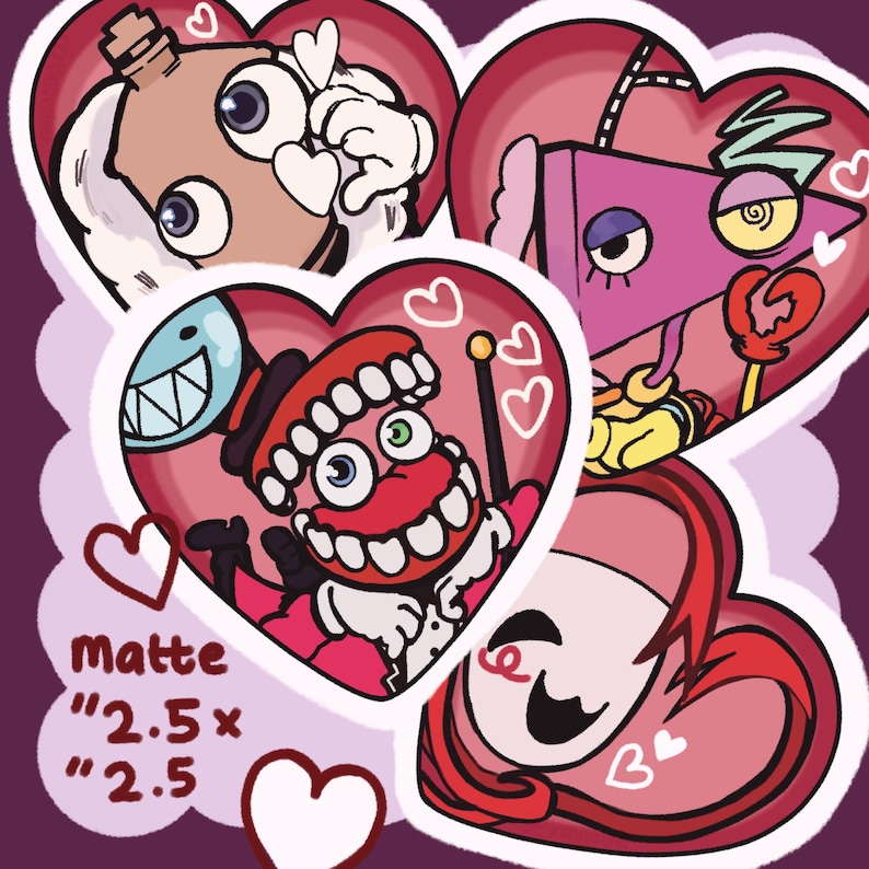 May include: A collection of four heart-shaped stickers featuring cartoon characters, including a bottle, a pink triangle, a set of chattering teeth, and a face with red hair. The text "matte" and "2.5 x 2.5" inches is printed on the left side.