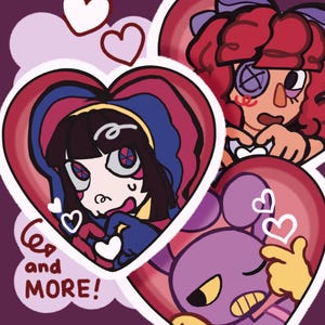 May include: A collection of three heart-shaped stickers featuring cartoon characters. One shows a dark-haired figure in a blue hood, another a red-haired figure with a button eye, and the third a purple rabbit. The text reads and MORE!