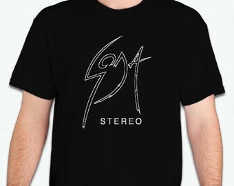 May include: Black t-shirt with a white graphic of a stylized "99A" logo and the word "STEREO" underneath.