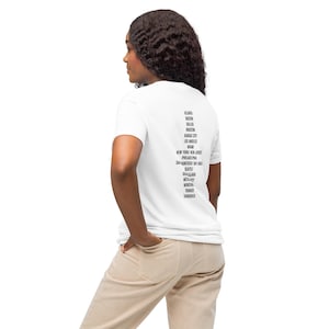 May include: White t-shirt with black text listing various cities, including Atlanta, Boston, Dallas, Houston, Kansas City, Los Angeles, Miami, New York, New Jersey, Philadelphia, San Francisco Bay Area, Seattle, Denver,  Milwaukee, Montreal, Toronto, and Vancouver.