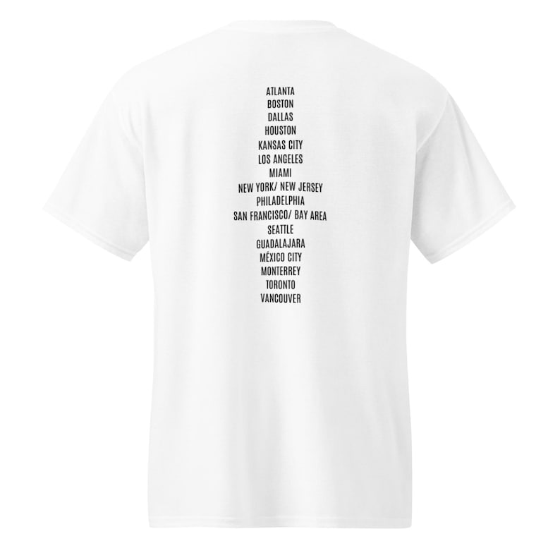 2026 USA World Cup shirt styled with soccer ball and cleats – perfect for football training sessions, fan photoshoots, or personalized soccer gifts. Atlanta, Boston, Dallas, Houston, Kansas City, Los Angeles, Miami, New York/New Jersey, Philadelphia, San Francisco/Bay Area, Seattle, Guadalajara, Mexico City, Monterrey, Toronto, Vancouver.