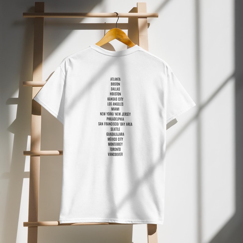 Back view of 2026 USA World Cup shirt – lists host cities including Atlanta, Boston, Dallas, Houston, Los Angeles, Miami, New York/New Jersey, Philadelphia, San Francisco/Bay Area, Seattle, Guadalajara, Mexico City, Monterrey, Toronto, Vancouver