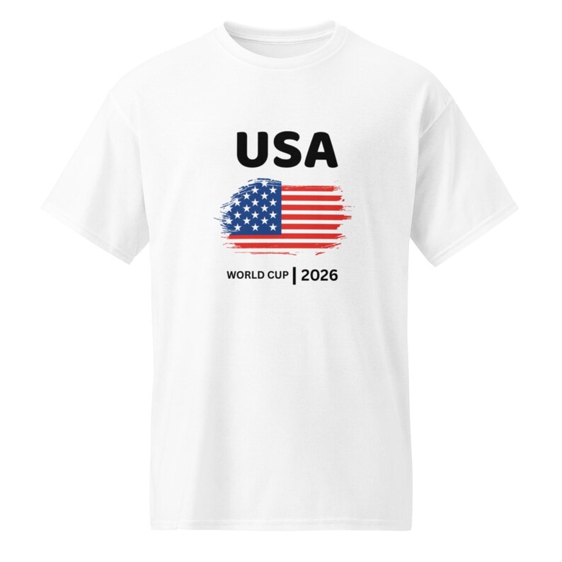 Close-up of 2026 USA World Cup shirt design – detailed view of 'USA' text and stylized American flag graphic, showcasing quality print and fabric.